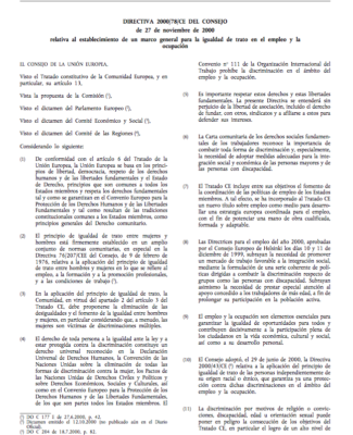 Directiva 2000/78 CE Consejo 27 Noviembre 2000 Relativa Al Establecimiento De Marco General Para Igualdad De Trato En El Empleo Y La Ocupación